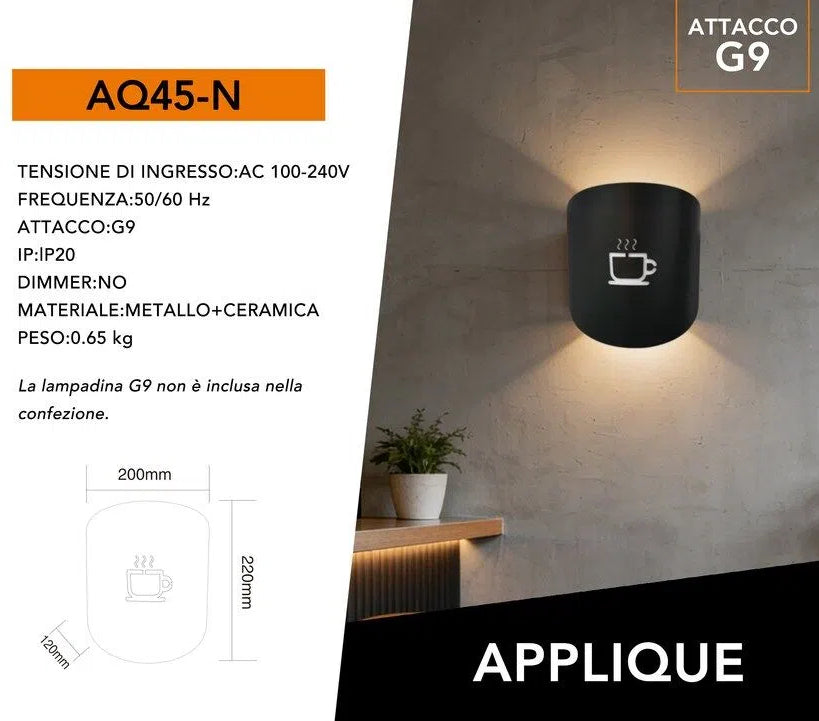 Applique Portalampada a Parete con Attacco G9 – Raffigurazione Tazza del Caffè, Ideale per Casa, Caffetteria e Bar