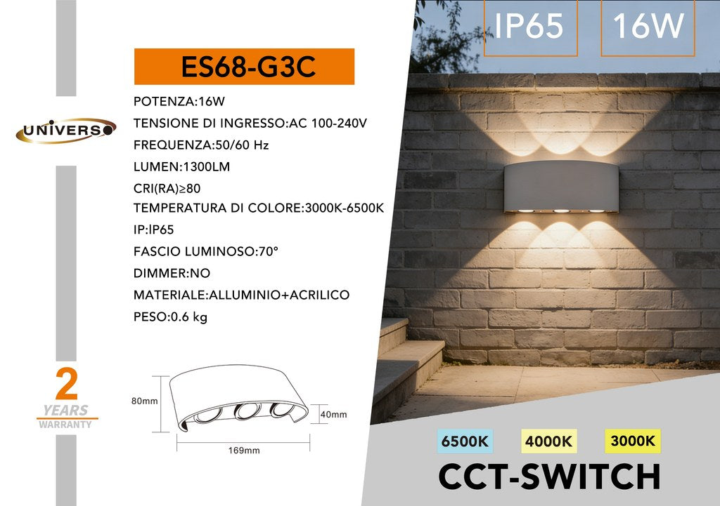Applique LED da muro grigia 16W doppia emissione up & down con CCT selezionabile 3000K 4000K 6500K IP65 per esterno
