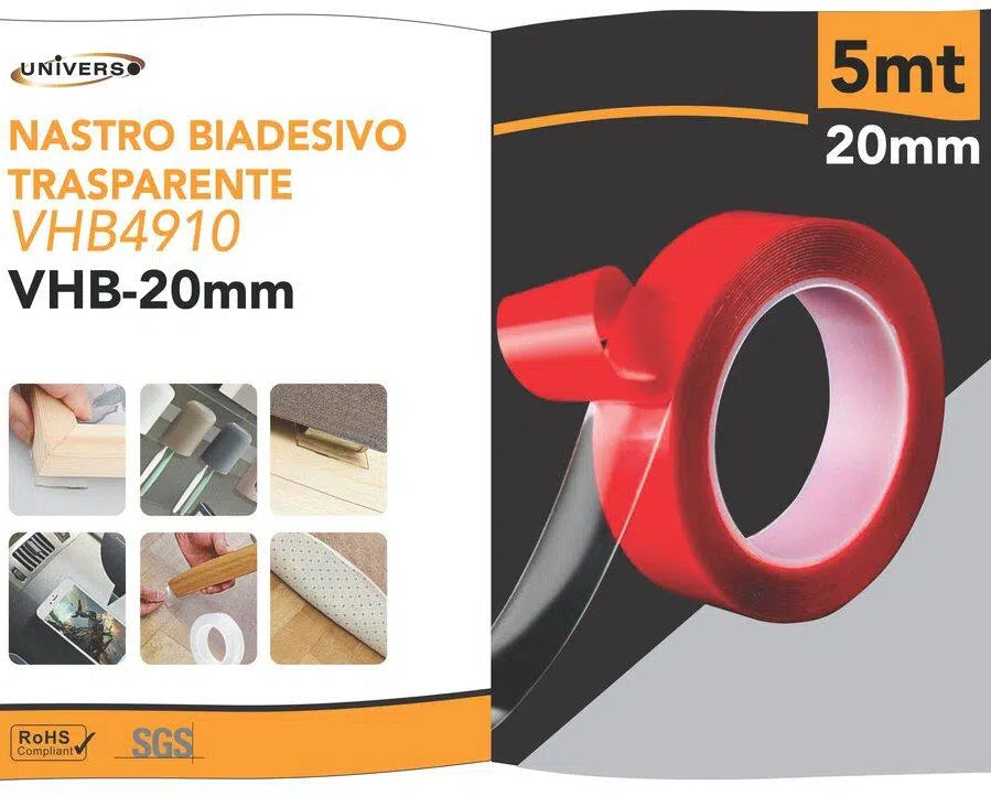 Nastro Biadesivo Trasparente in Espanso VBH 5m x 10mm | Spessore 1mm Extra Forte