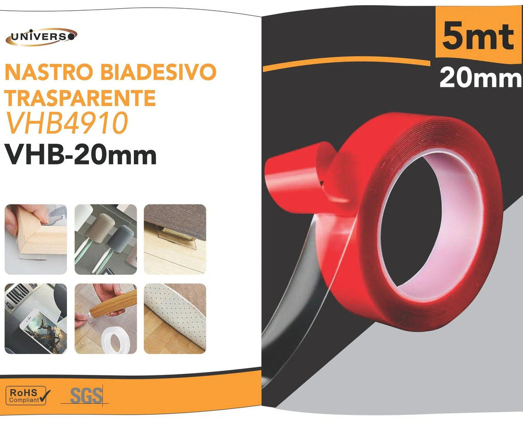 Nastro Biadesivo Trasparente in Espanso VBH 5m x 20mm | Spessore 0.5mm Extra Forte