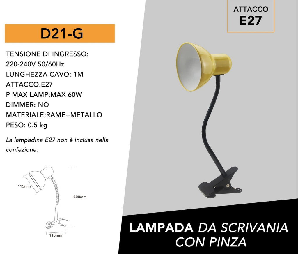 Lampada da Tavolo con Clip di Fissaggio e Braccio Flessibile – Attacco E27, Colori Assortiti