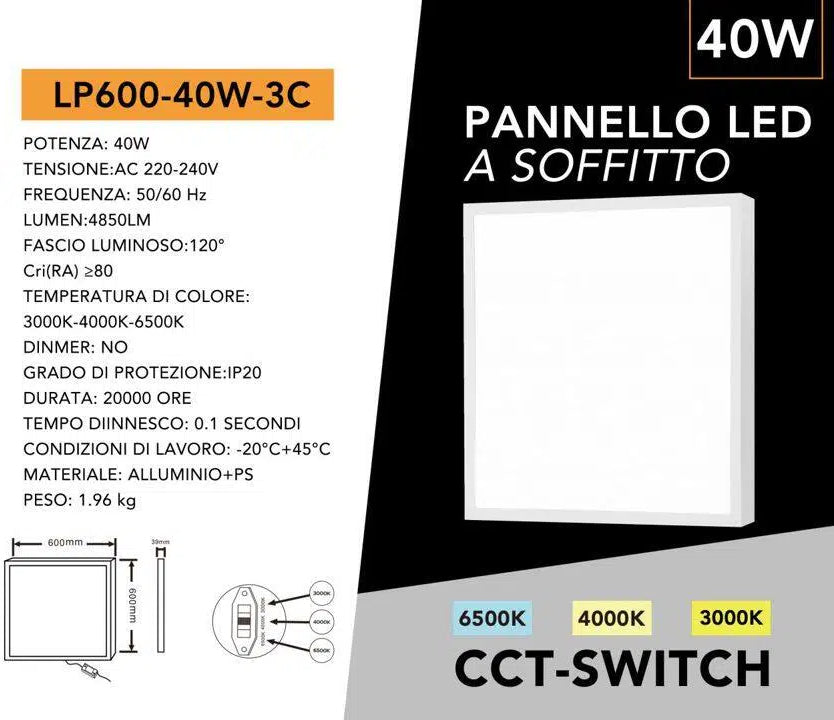 Pannello LED SMD Quadrato UNIVERSO LP600-40W-3C 60x60 40W | CCT 3000K-4000K-6500K