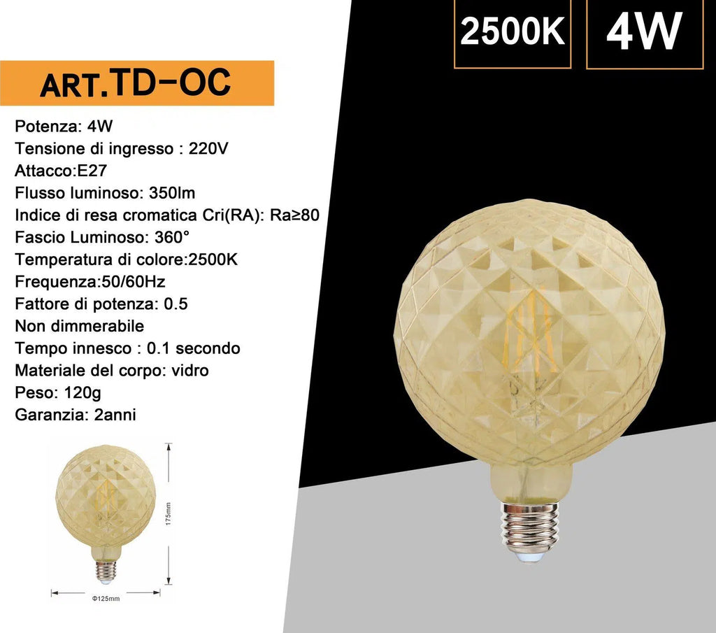 Lampadina LED Vintage a Forma di Sfera Sfaccettata – E27 4W, Vetro Ambrato, Luce Calda 2500K
