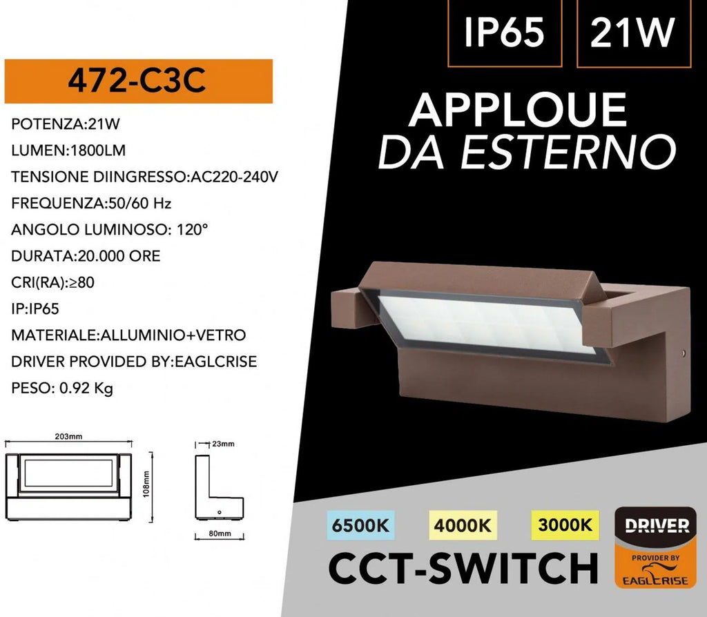 Applique LED da muro orientabile UNIVERSO 472-C3C 21W SMD con CCT 3in1 selezione colore 3000K 4000K 6500K IP65 per esterno