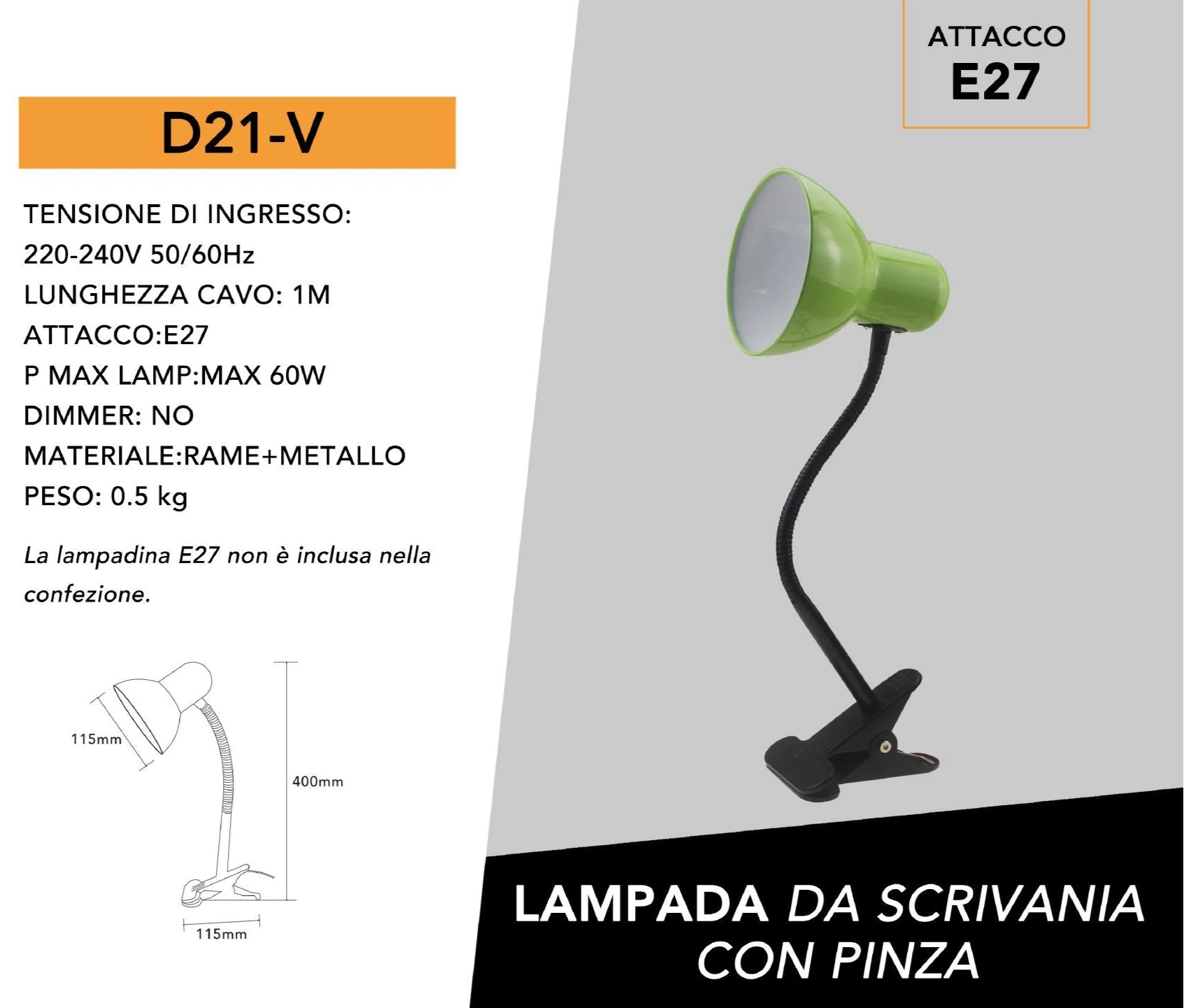 Lampada da Tavolo con Clip di Fissaggio e Braccio Flessibile – Attacco E27, Colori Assortiti