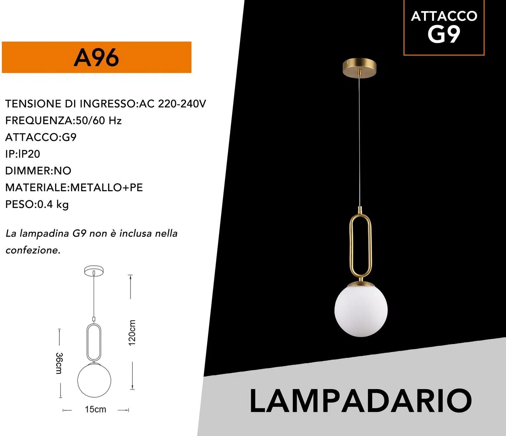 Lampadario a Sospensione da Soffitto Ovale in Bronzo e Sfera in Vetro – Attacco per Lampadina G9