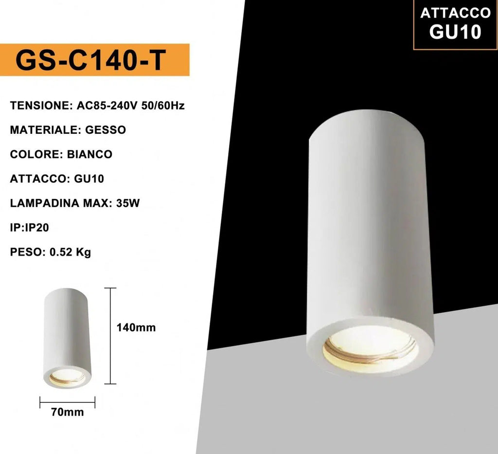 Portafaretto Rotondo in Gesso Verniciabile UNIVERSO GS-C140-T | Montaggio Superficiale per GU10/GU5.3