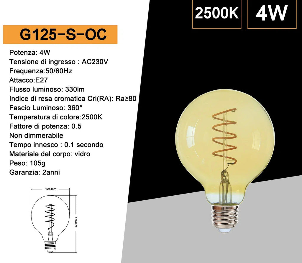 Lampadina LED E27 Universo G125-S-OC – 4W, Globo G125 a Filamento, Vetro Ambrato, Luce Calda 2500K