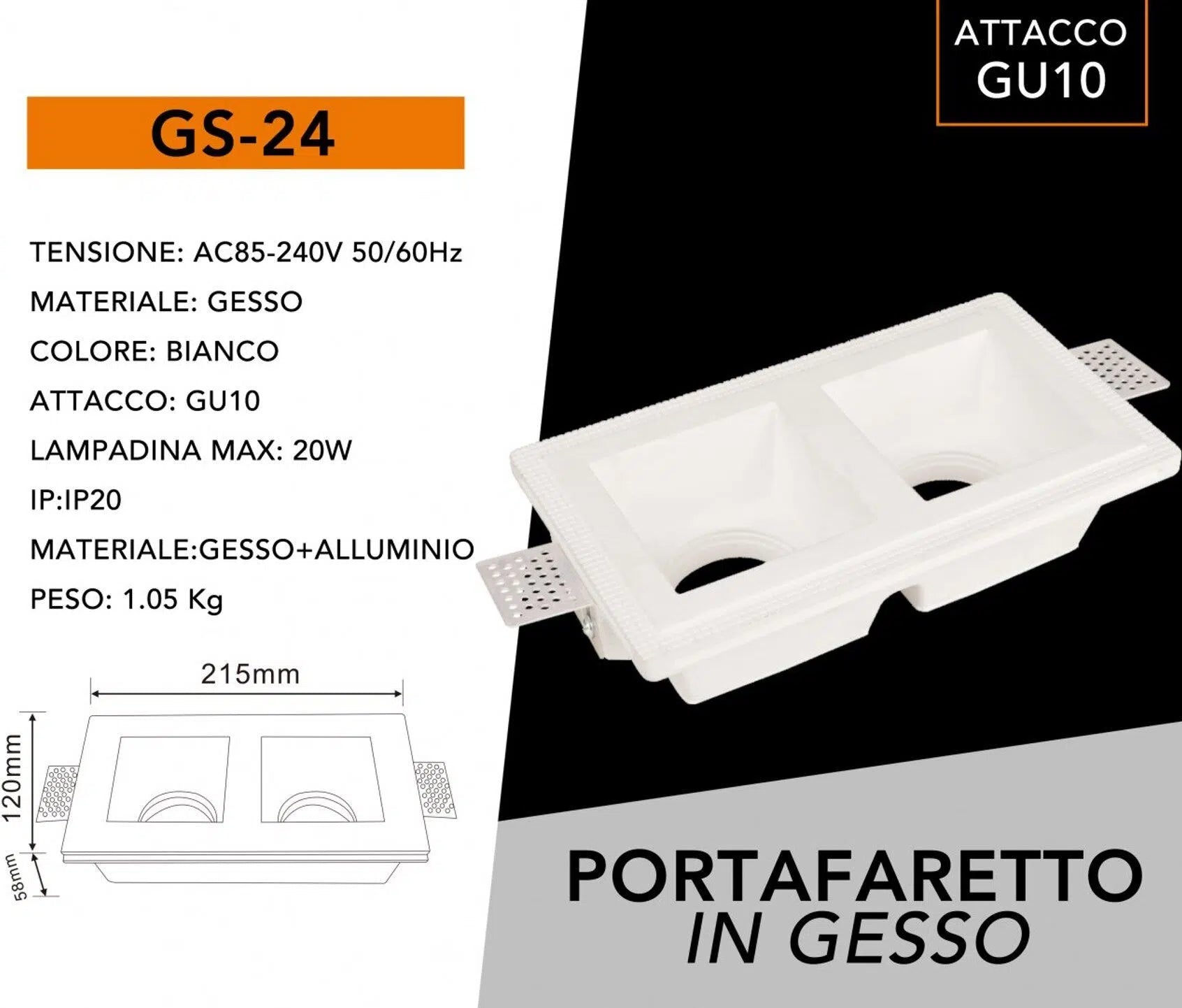 Portafaretto Doppio in Gesso Rettangolare UNIVERSO GS-24 | Incasso per Lampadine GU10 e GU5.3