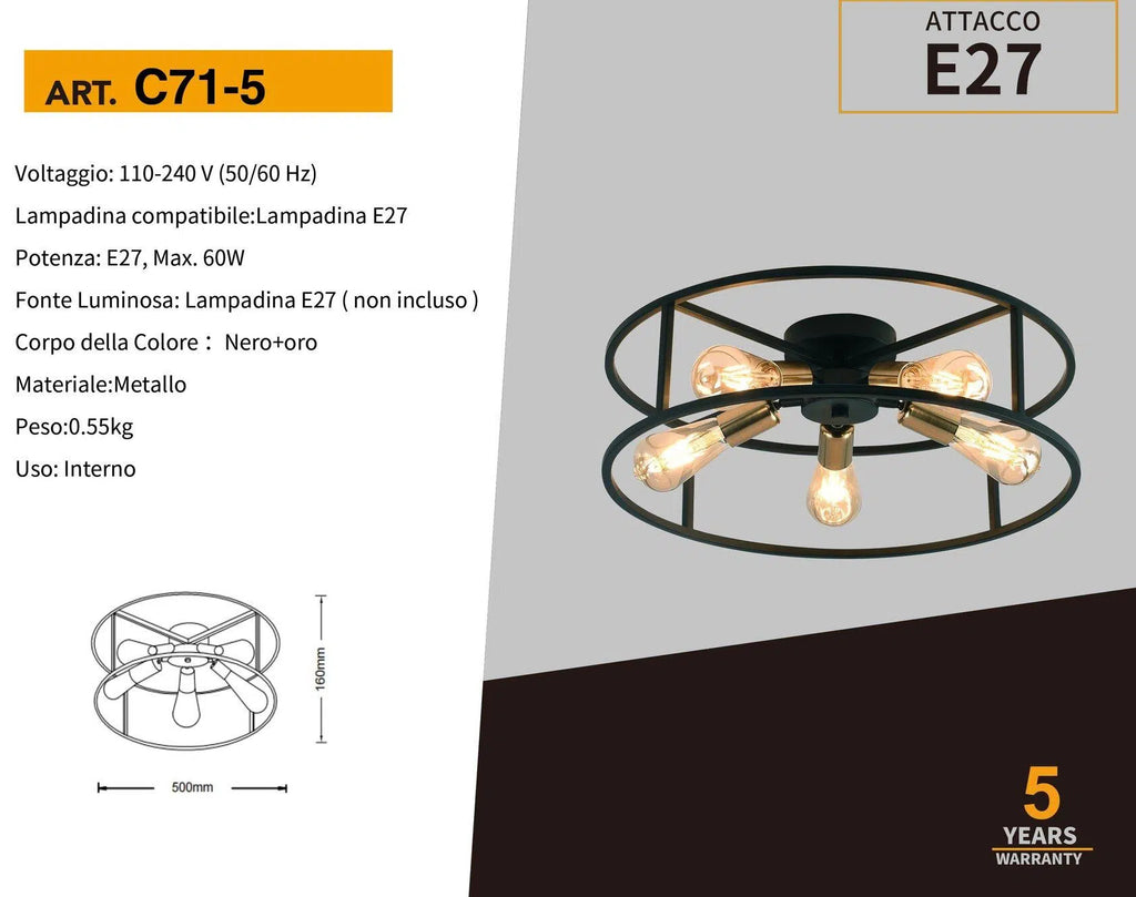 Plafoniera Lampadario da Soffitto Circolare Stile Industriale – con 5 Attacchi per Lampadine E27