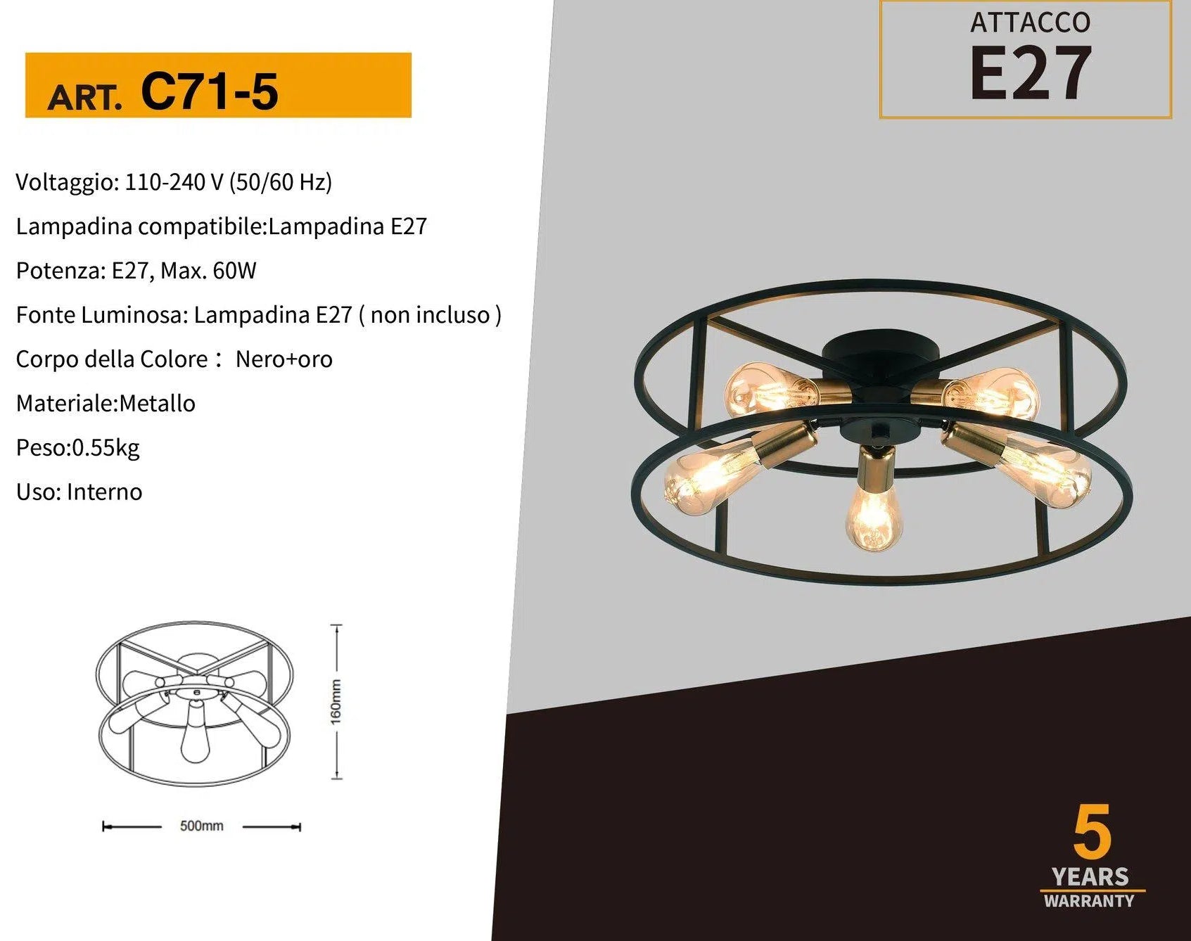 Plafoniera Lampadario da Soffitto Circolare Stile Industriale – con 5 Attacchi per Lampadine E27