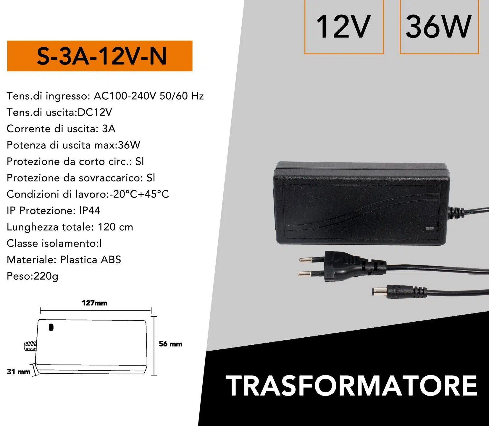 Alimentatore Desktop Switching 12V 3A 36W | Per Illuminazione LED e CCTV Telecamere