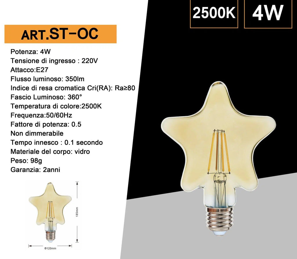 Lampadina LED Vintage a Forma di Stella – E27 4W, Vetro Ambrato, Filamento, Luce Calda 2500K