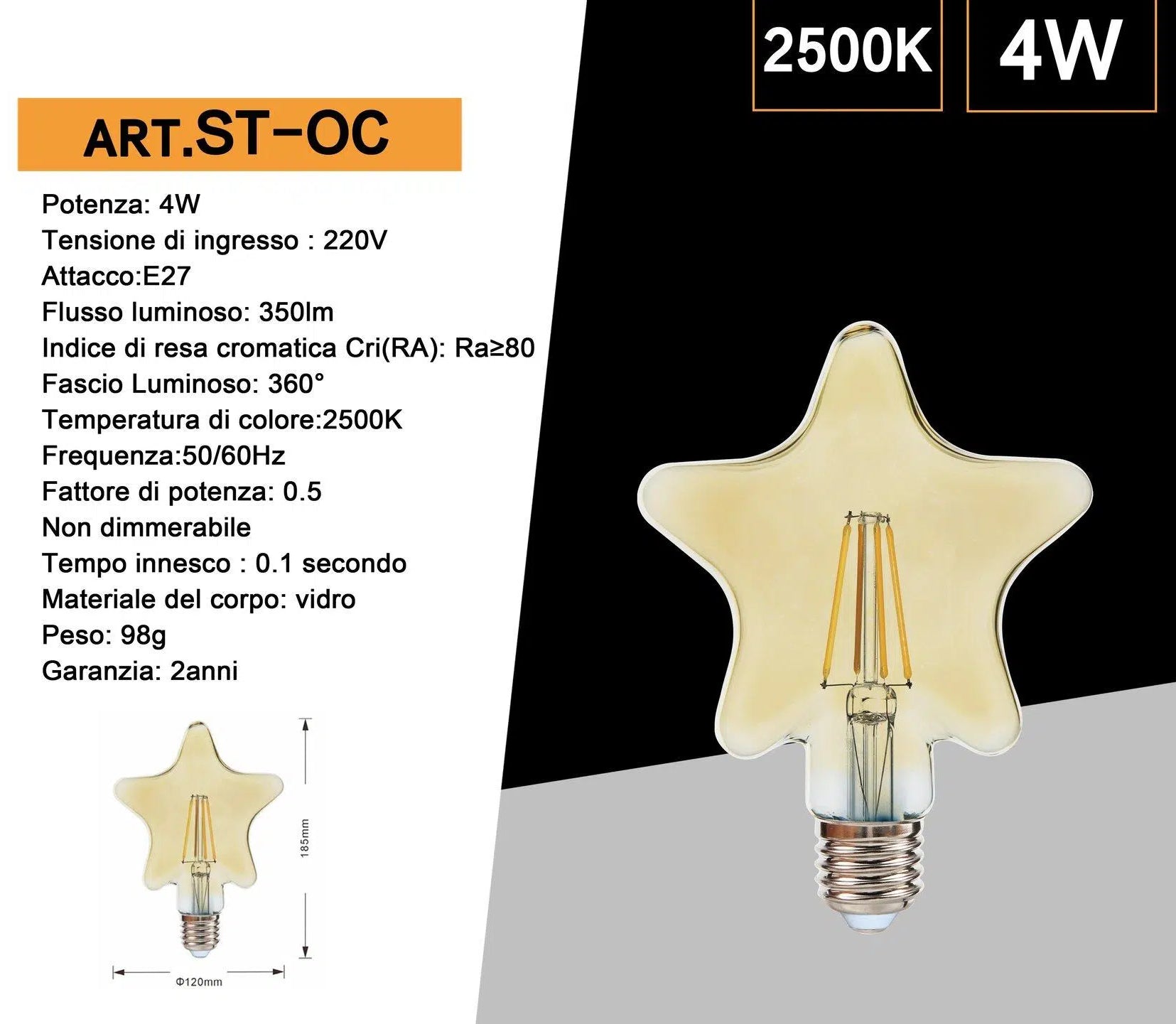 Lampadina LED Vintage a Forma di Stella – E27 4W, Vetro Ambrato, Filamento, Luce Calda 2500K