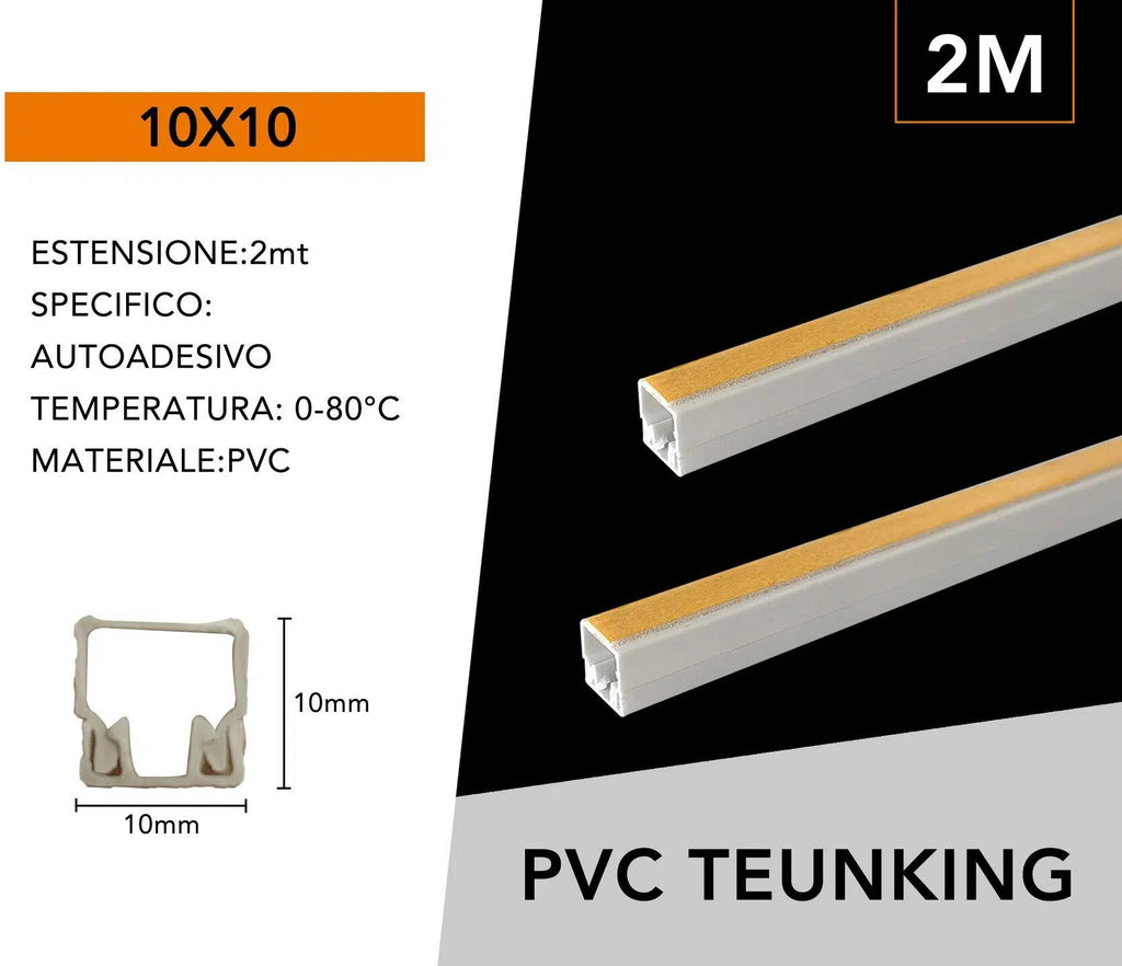 Confezione da 10 pezzi – Canalina passacavi con biadesivo in PVC, colore bianco, lunghezza 2 metri, dimensioni 10x10 mm.