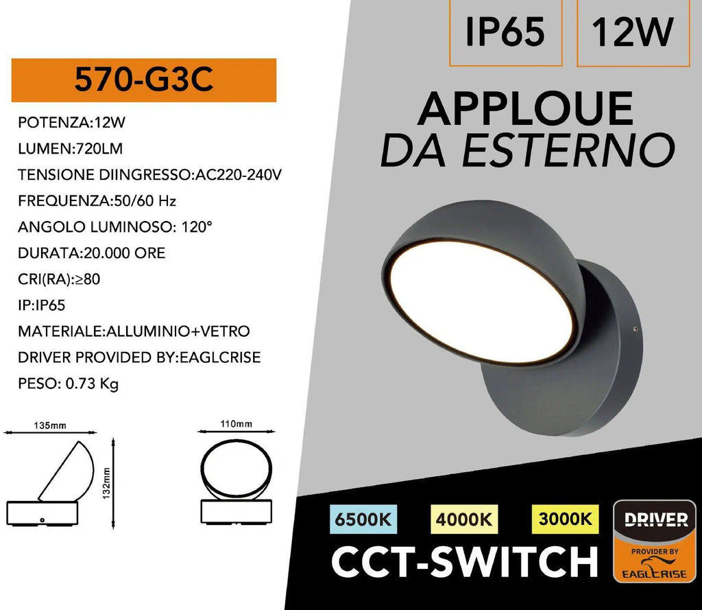 Lampada Applique LED da Muro Universo 570-G3C – Testa Ruotabile 12W SMD, CCT 3in1, IP54 per Esterno