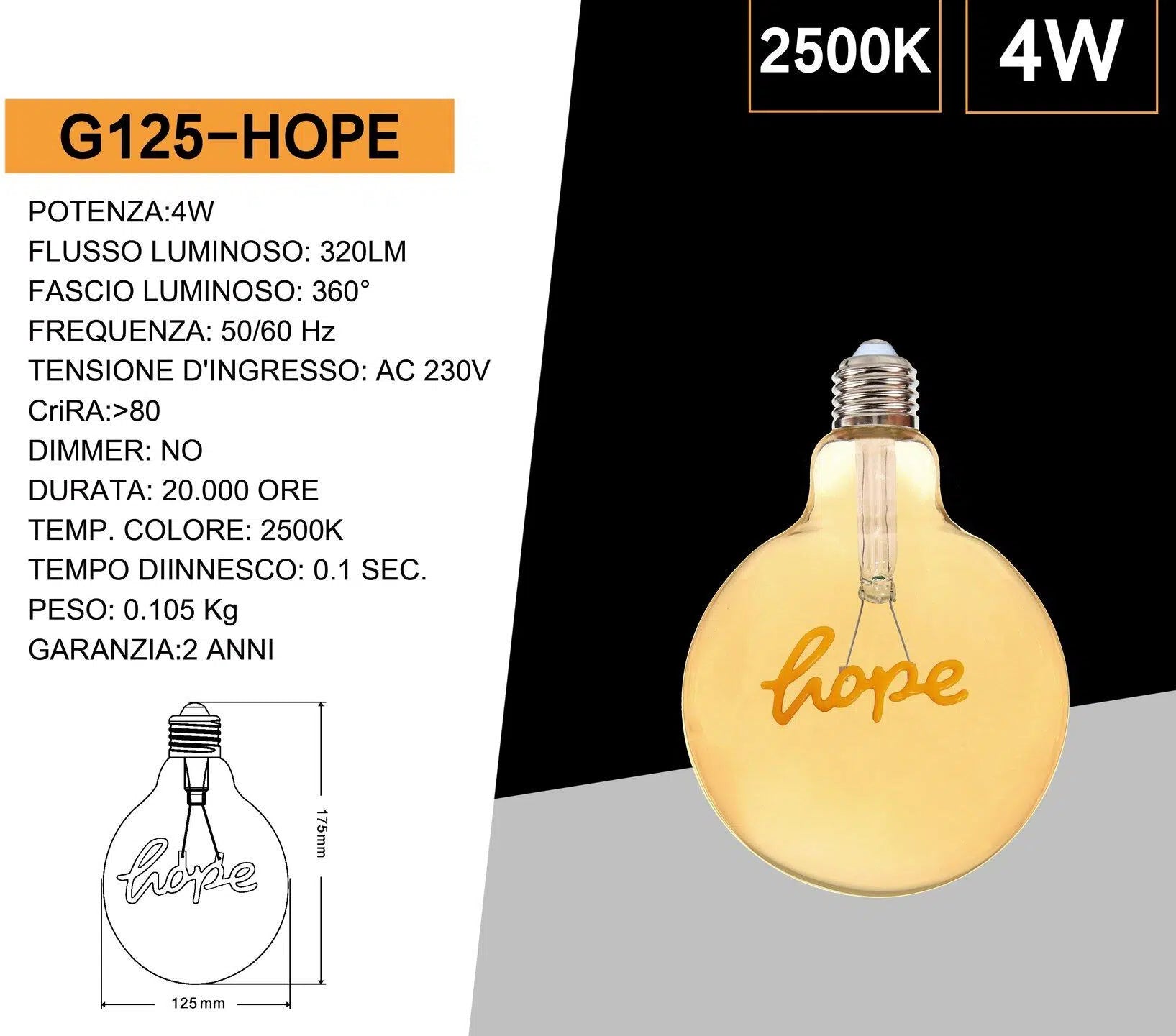 Lampadina LED E27 Universo G125-HOPE – 4W, Globo G125 a Filamento con Scritta "HOPE", Vetro Ambrato, Luce Calda 2500K