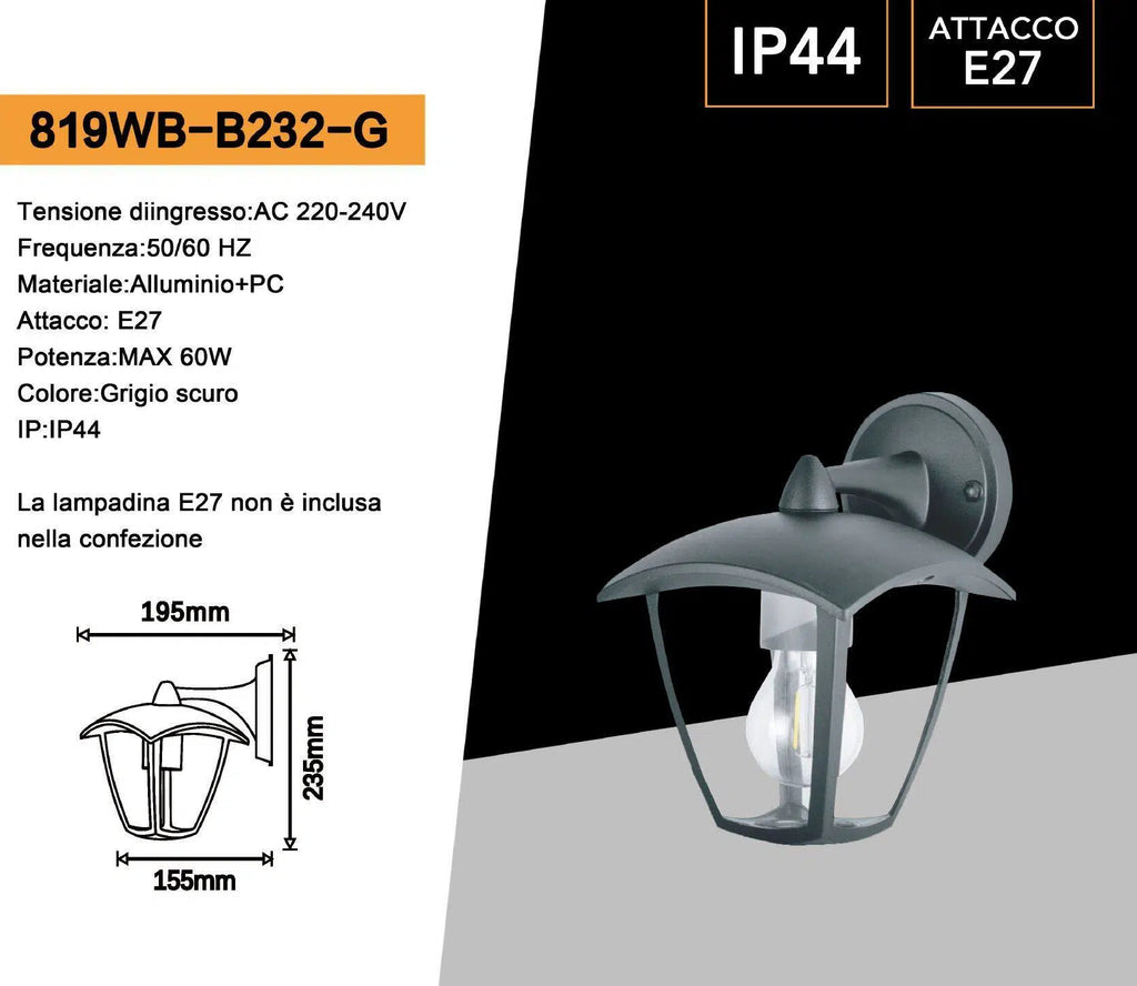 Portalampada Lanterna da Giardino Universo 819WB-B232-G – Wall Lamp Grigio Antracite da Muro, IP44 per Lampadine E27