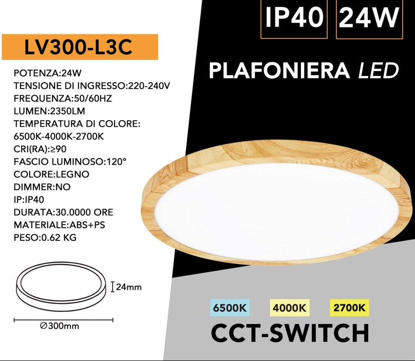 Plafoniera Ultra Slim Rotonda Effetto Legno UNIVERSO LV-300-L3C 24W Ø30cm | CCT 3in1 IP40