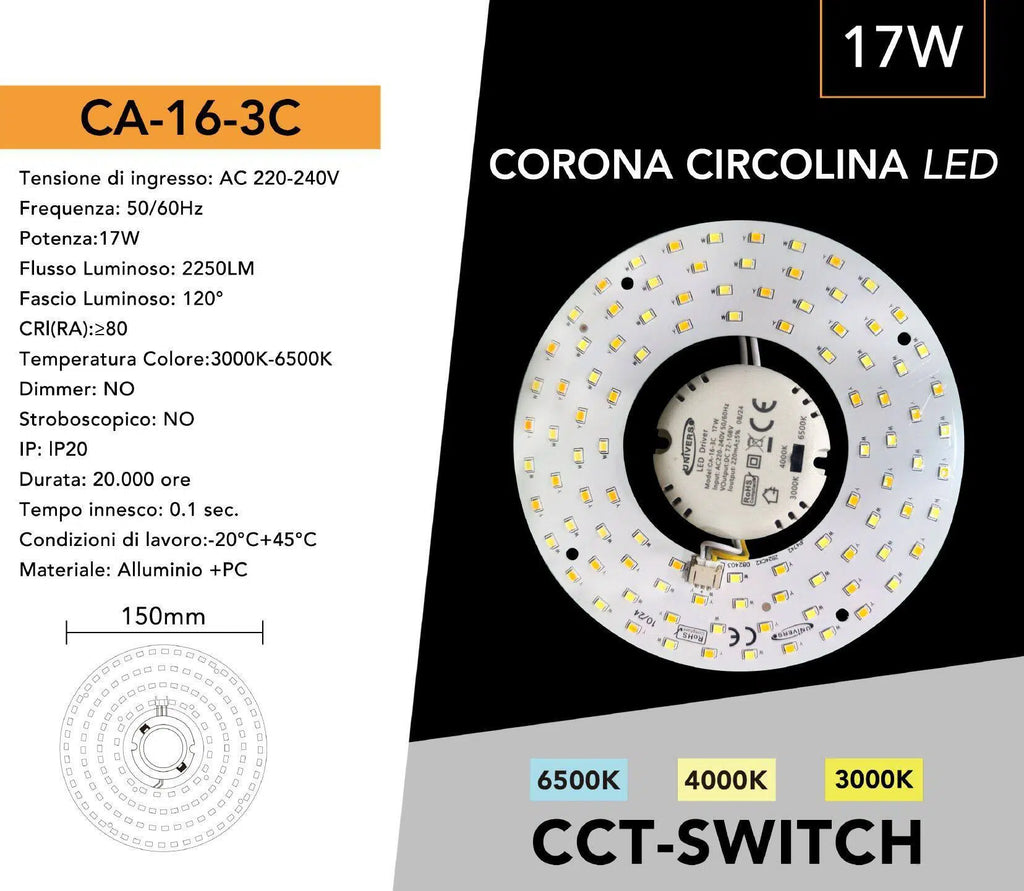 Circolina Magnetica Neon LED Piastra Disco Anello Plafoniera Circolare Lampada T9 G10Q 17W Ø15cm Colore Luce Selezionabile CCT 3in1 3000K-4000K-6500K