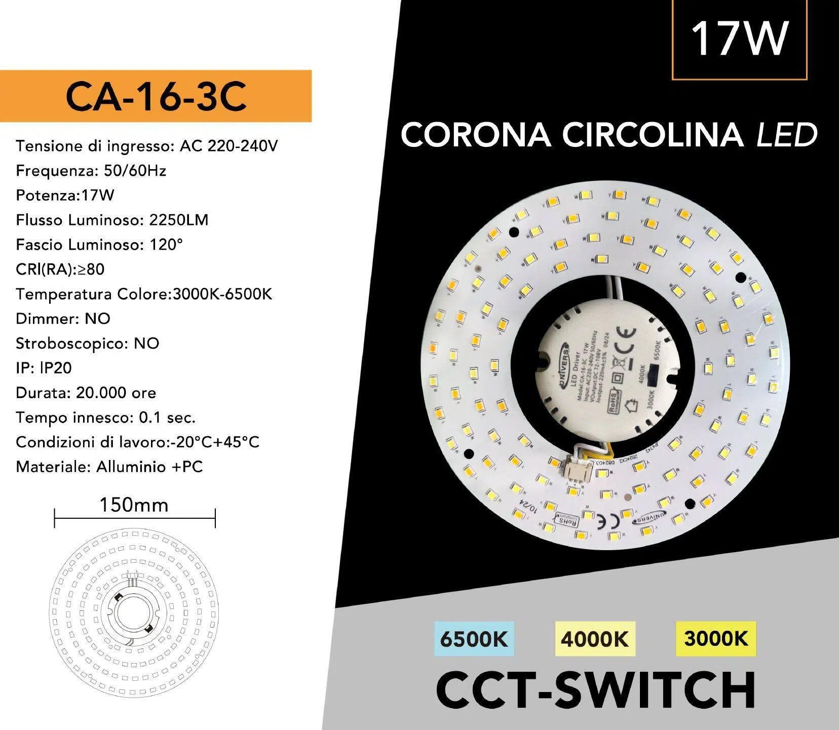 Circolina Magnetica Neon LED Piastra Disco Anello Plafoniera Circolare Lampada T9 G10Q 17W Ø15cm Colore Luce Selezionabile CCT 3in1 3000K-4000K-6500K