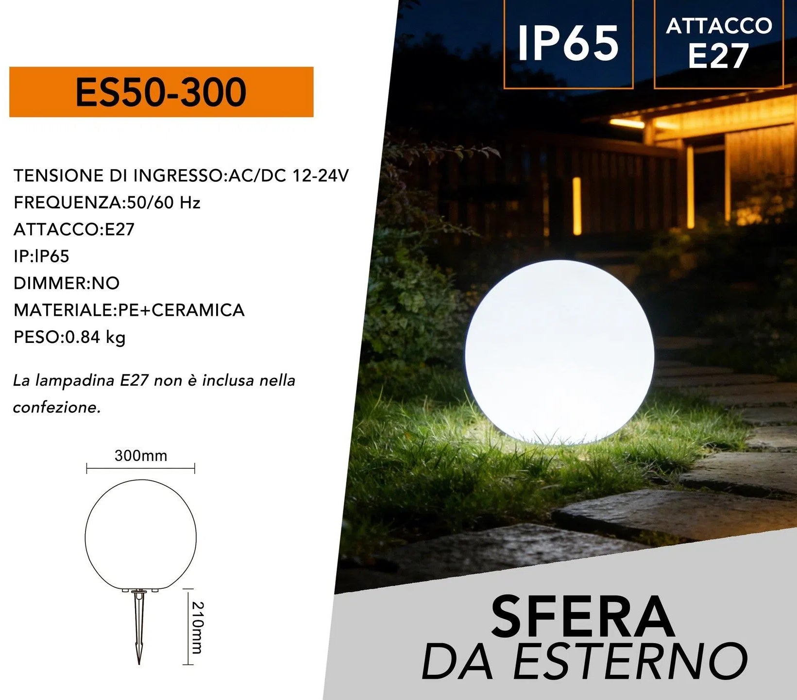 Lampada a Sfera Bianca da Giardino 30 cm – Attacco E27 Max 25W, IP65 per Interno ed Esterno
