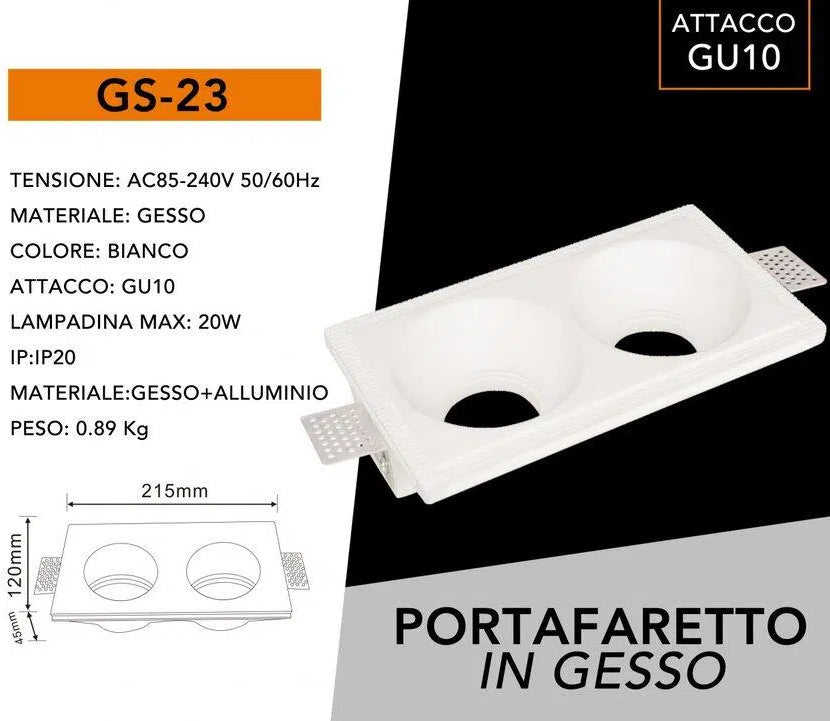 Portafaretto Doppio Rettangolare da Incasso in Gesso Verniciabile | Per Lampadine GU10/GU5.3