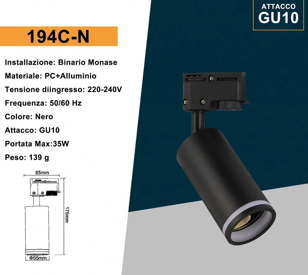 Track Light da Binario Monofase Universo 194C-N – Con Portalampada per Lampadine GU10, Colore Nero