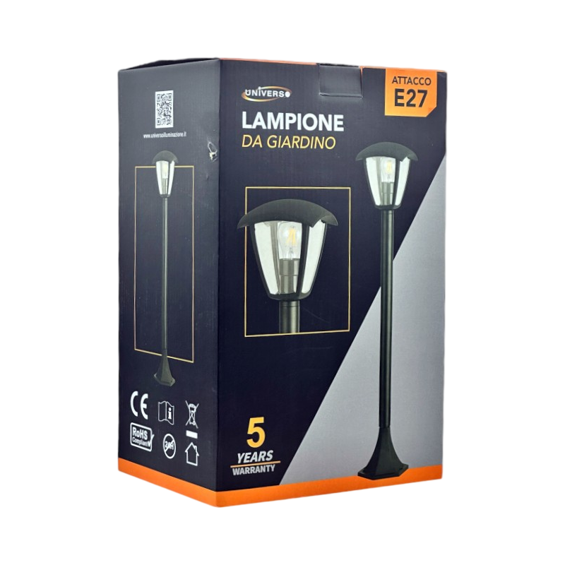 Lampione Portalampada Nero Universo 819PB-B860-G per Lampadine E27 Max 60W da Giardino – 860 mm con Fissaggio a Terra