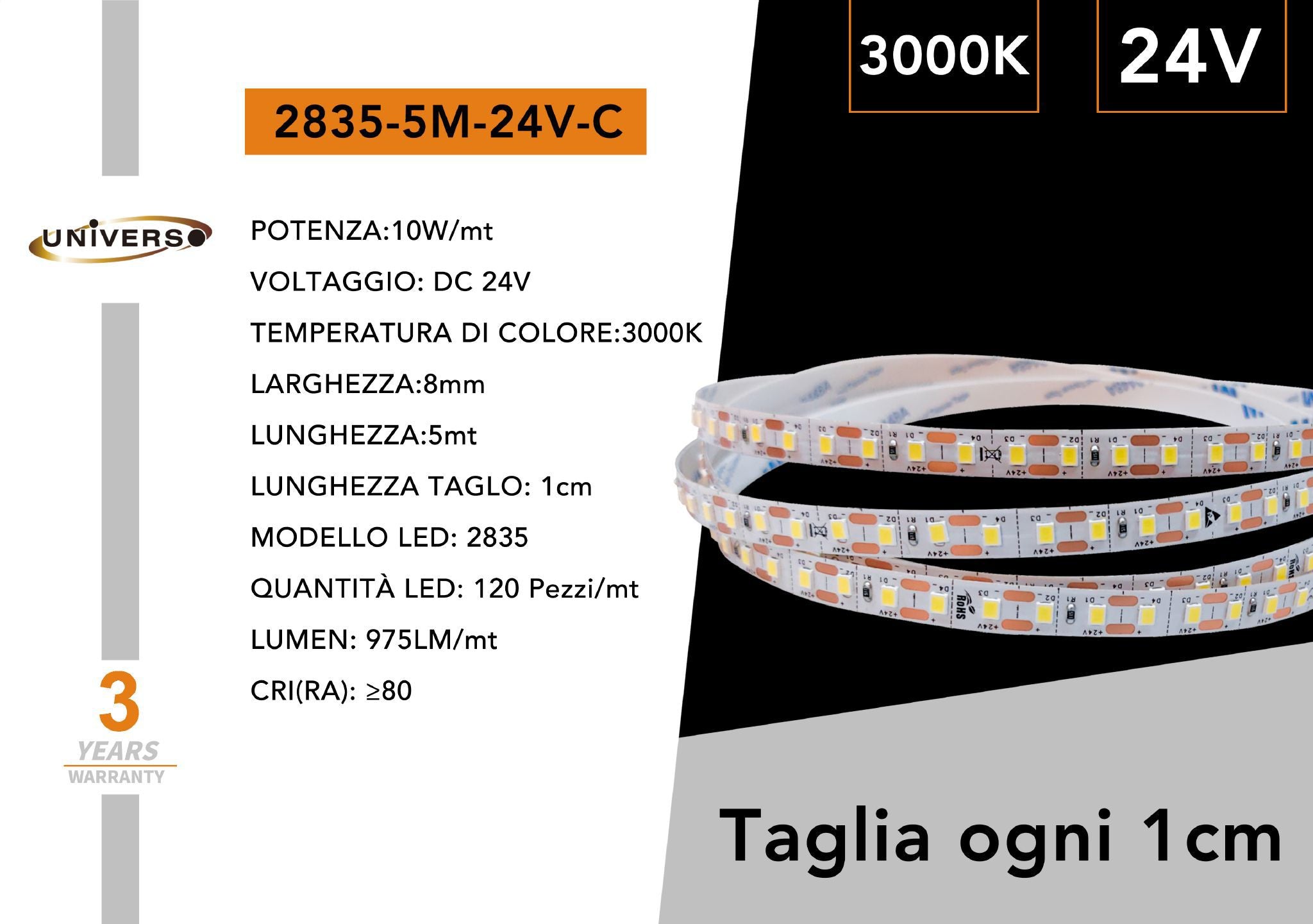 Striscia LED Flessibile Monocolore UNIVERSO | DC 24V 50W SMD 2835 120 LED/m Bobina 5m Taglio 1cm