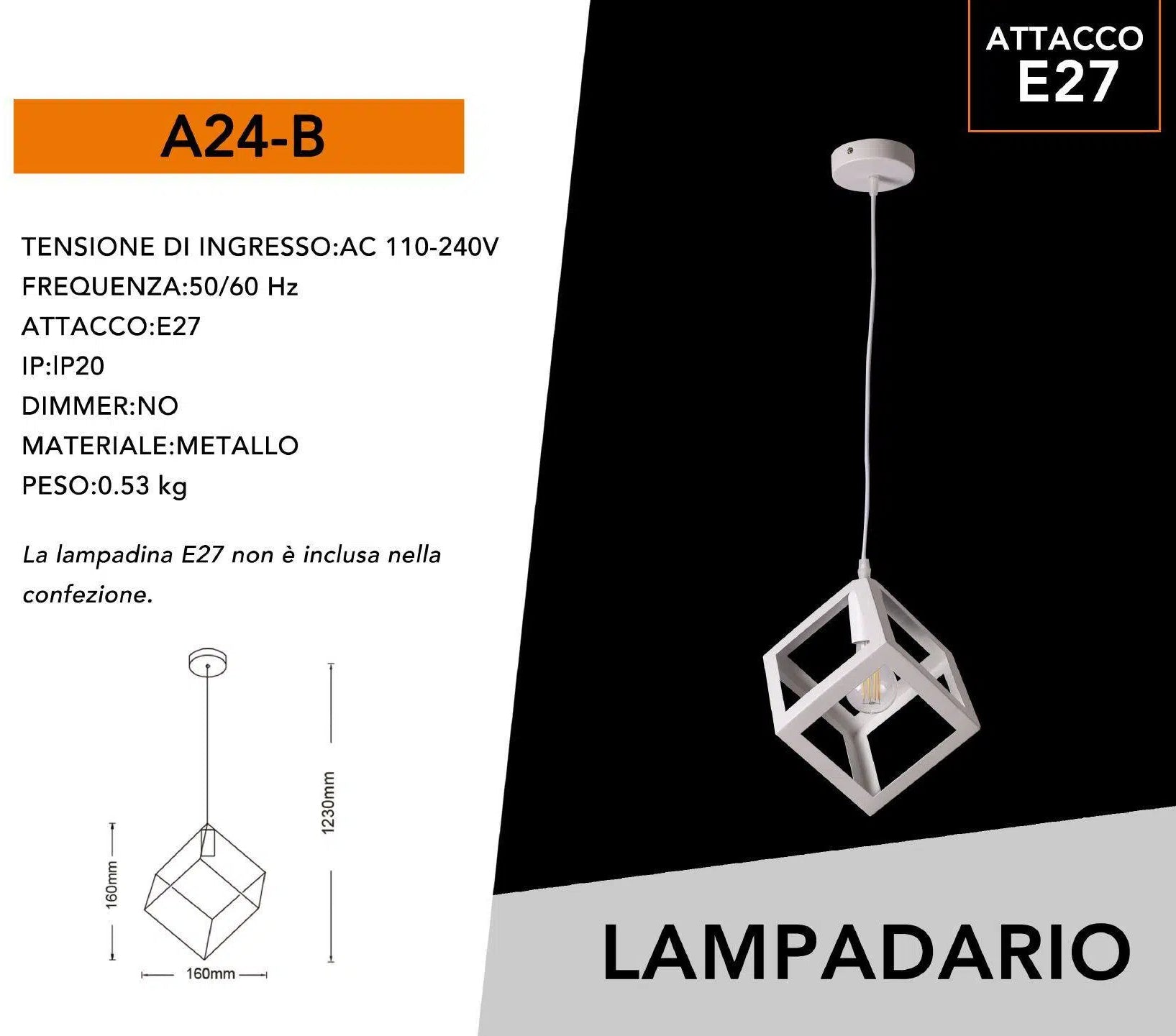 Lampadario a Sospensione Pendente – Forma Cubo con Attacco E27, Finitura Bianca o Nera, 16 cm