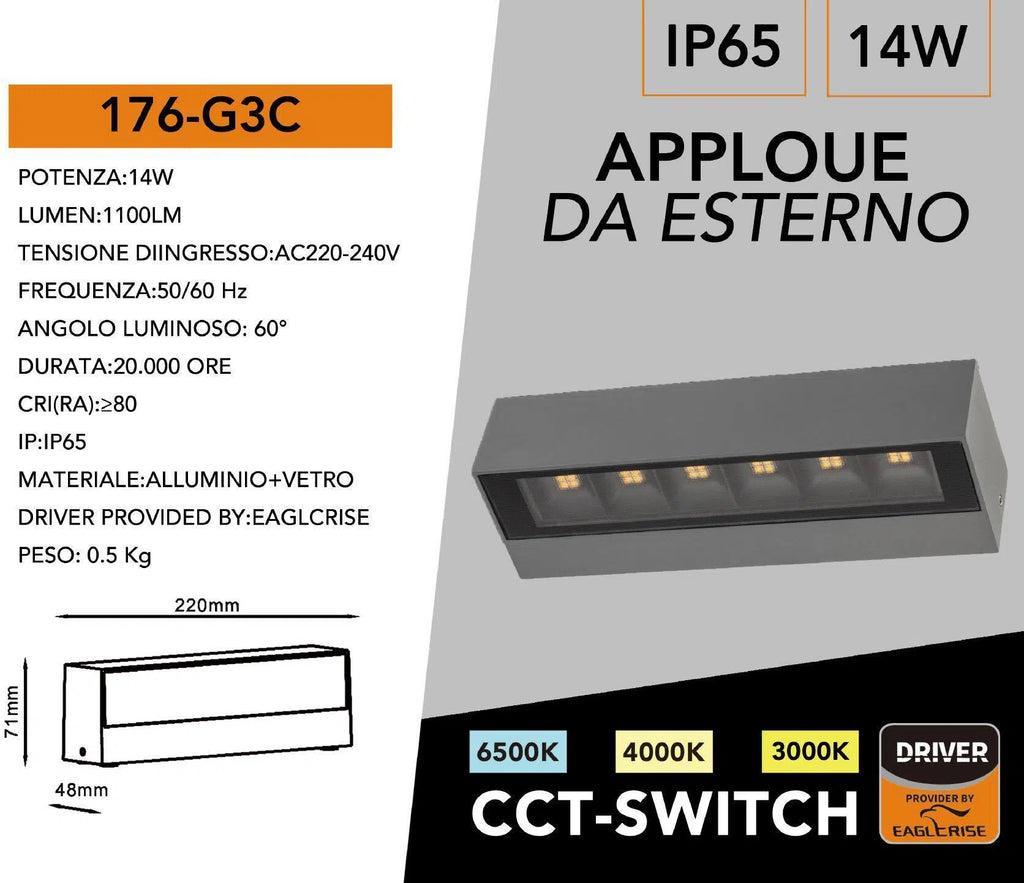 Lampada Applique LED da Muro Universo 176-G3C 14W – Wall Light IP65, Colore Luce Selezionabile CCT 3in1