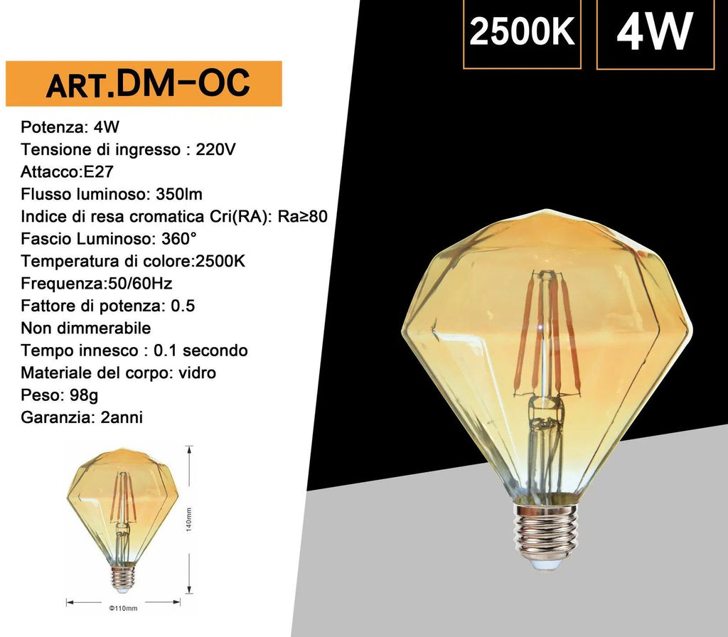 Lampadina LED Vintage a Forma di Diamante – E27 4W, Vetro Ambrato, Filamento, Luce Calda 2500K, Ideale per Pub e Taverne