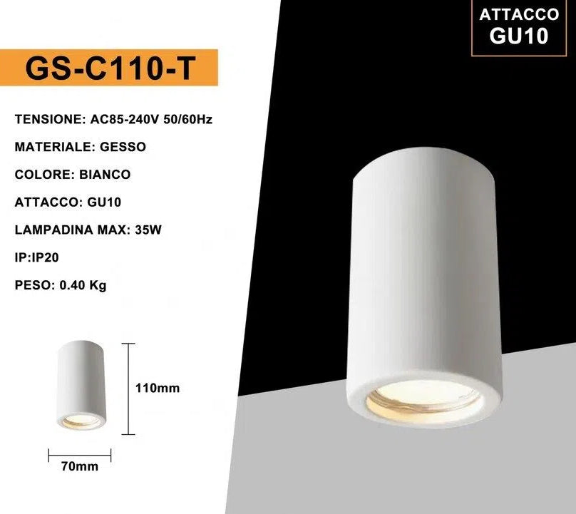 Portafaretto Rotondo in Gesso Verniciabile UNIVERSO GS-C110-T | Montaggio Superficiale per GU10/GU5.3