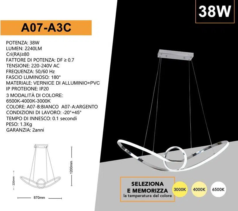 Lampadario LED a Sospensione Intrecciato Universo A07-A3C – 38W SMD, Colore Acciaio, CCT Selezionabile (3000K/4000K/6500K)
