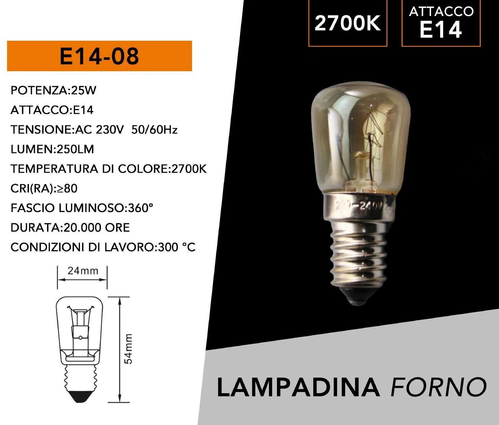 Lampadina Alogena da Forno – Attacco E14, 25W, Resistente fino a 300°C