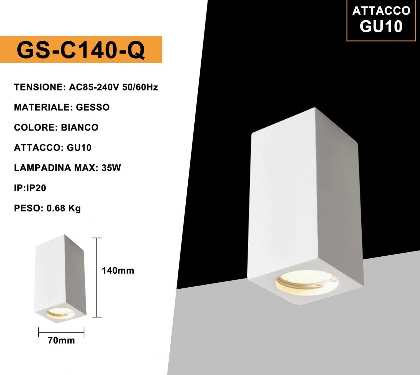 Portafaretto Quadrato in Gesso Verniciabile UNIVERSO GS-C140-Q | Montaggio Superficiale per GU10/GU5.3