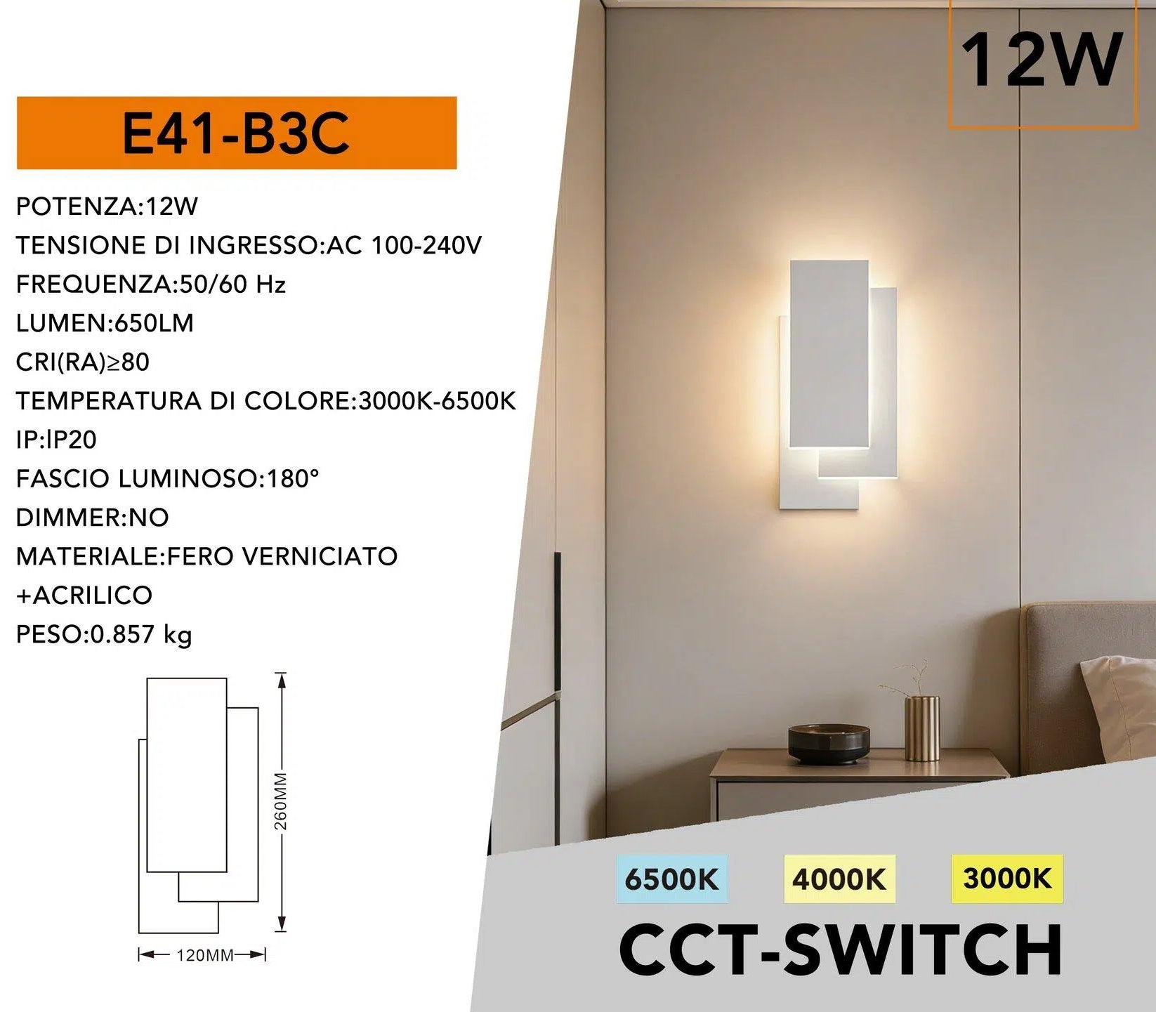 Applique LED Rettangolare 12W – 650 Lumen da Interno, Montaggio a Parete, CCT Selezionabile (3000K/4000K/6500K)