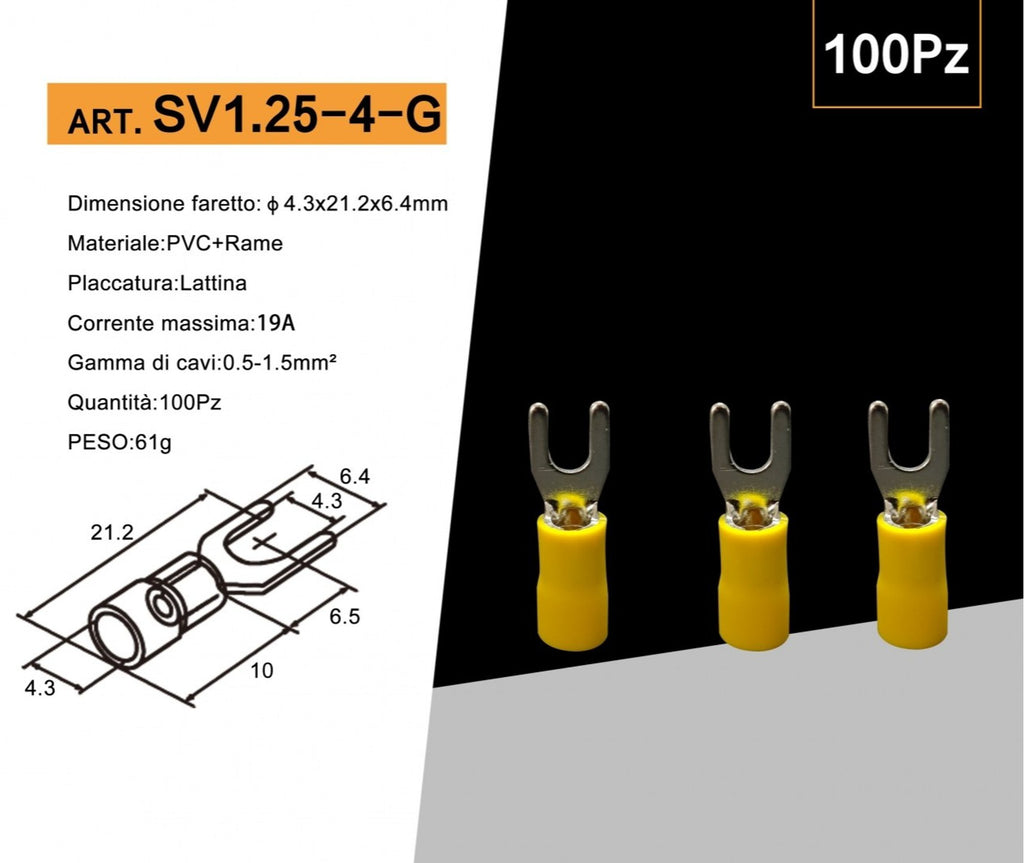 Confezione da 100 pezzi – Capicorda terminale a forcella isolato, a crimpare per cavi da 0,5 mm² a 1,5 mm², misura M4