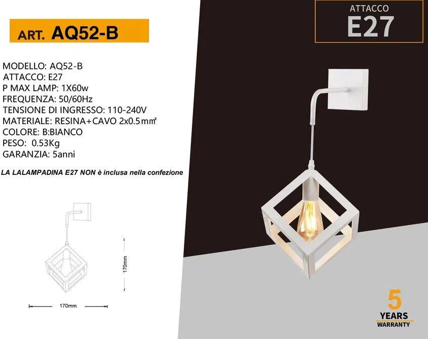 Lampada Applique a Muro Universo AQ52 – Forma Cubica Tridimensionale con Attacco E27, Max 60W, Colore Bianco e Nero