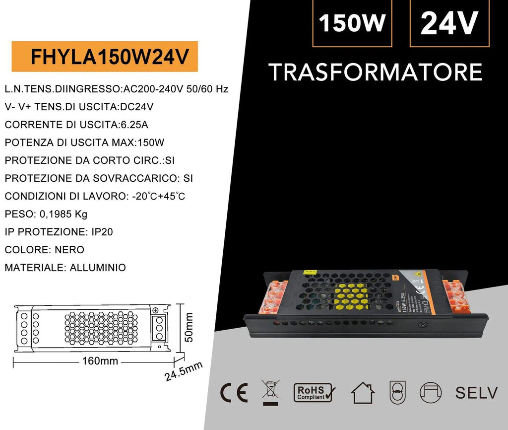 Alimentatore Slim Stabilizzato Switching 220V-24V 6.25A 150W | Trimmer Nero