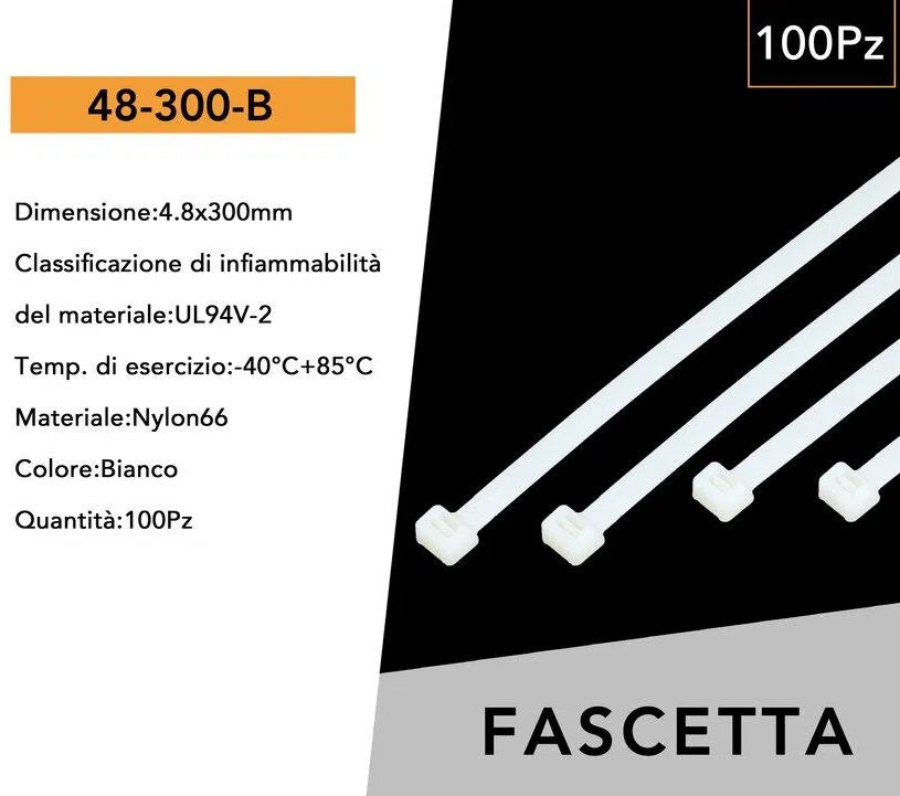Confezione da 100 Pezzi – Fascette Serracavo Autobloccanti in Nylon Bianco 4,8 mm x 300 mm