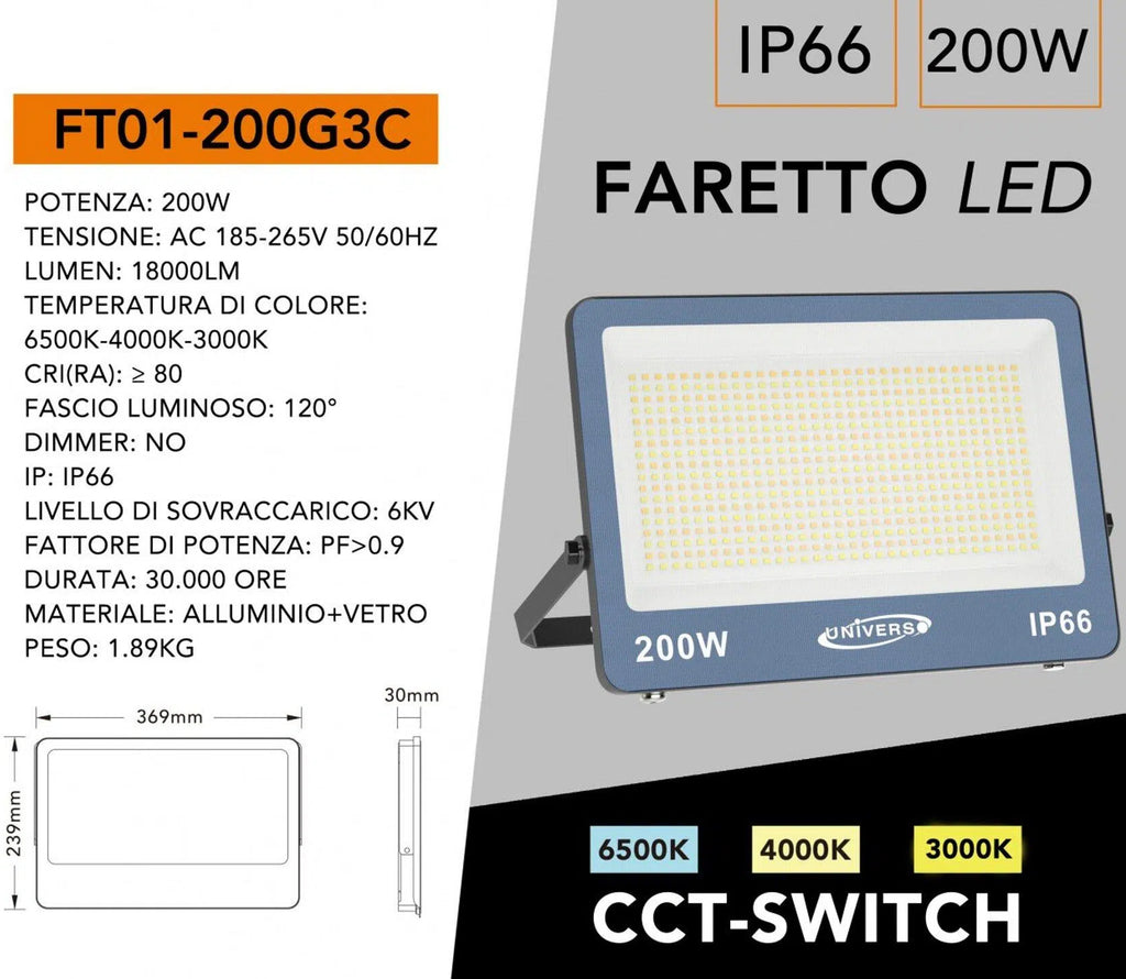 Proiettore LED Ultra Slim SMD UNIVERSO FT01-200G3C 200W | CCT Selezionabile IP66