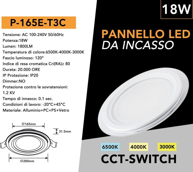Pannello LED Slim Rotondo in Vetro 18W 1800 Lumen | CCT Regolabile 3000K-4000K-6500K