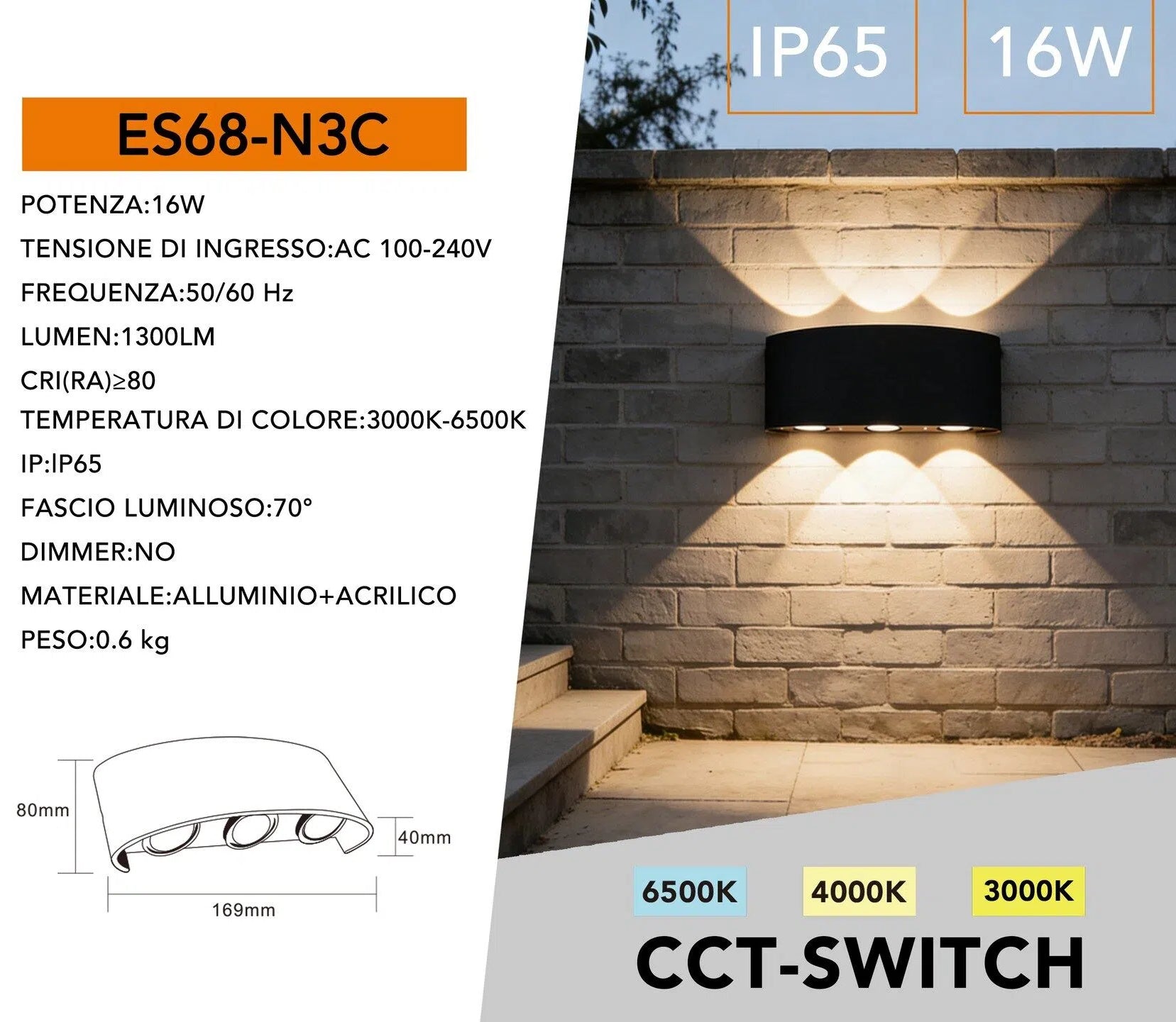 Applique LED da Muro Nera a Doppia Emissione Luminosa 16W – Wall Light con 6 LED SMD, IP65 per Esterno