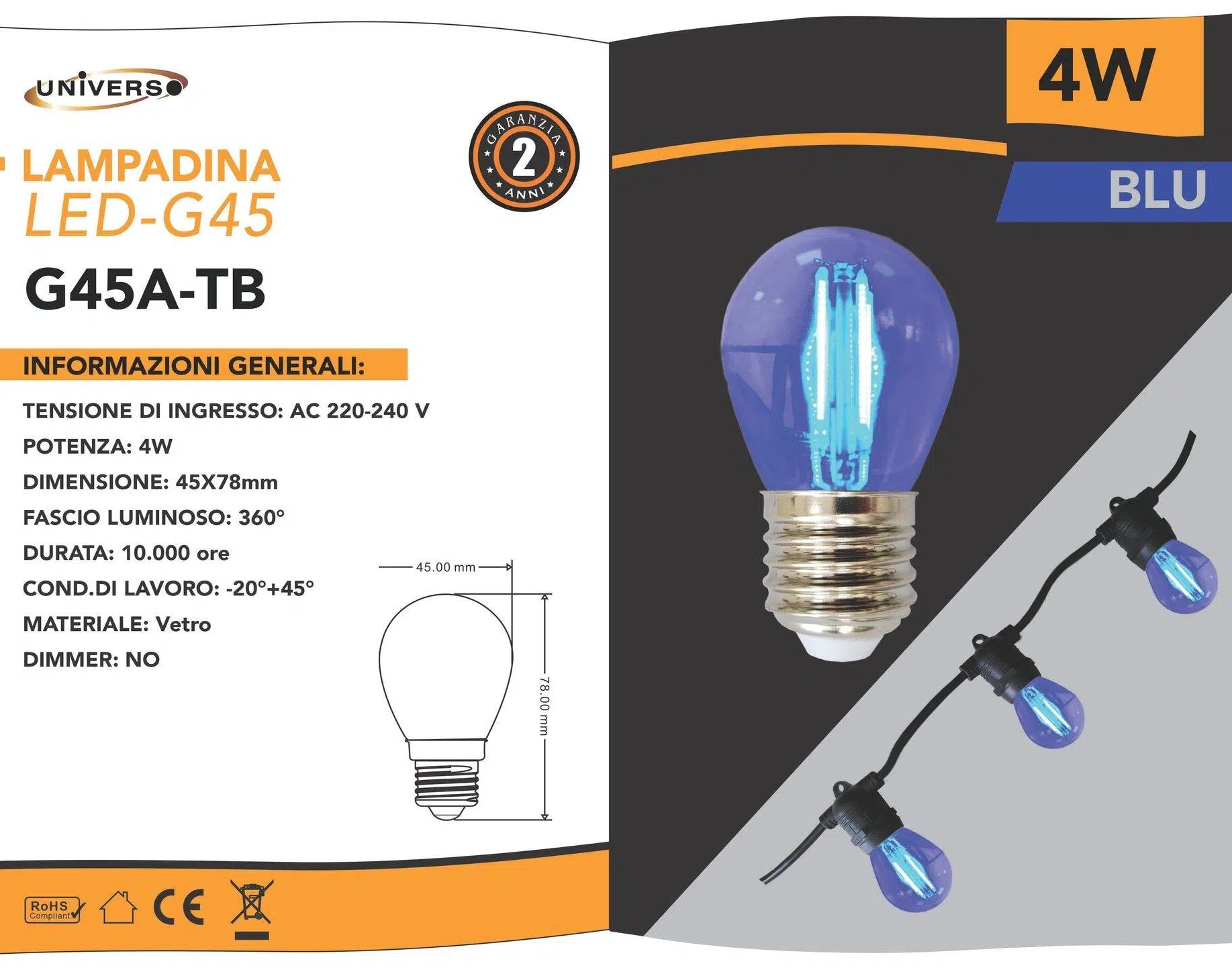 Confezione da 5 Pezzi Universo – Lampadina LED E27 Colorata 4W, Miniglobo G45 a Filamento, 440 Lumen, Colore Rosso/Verde/Blu