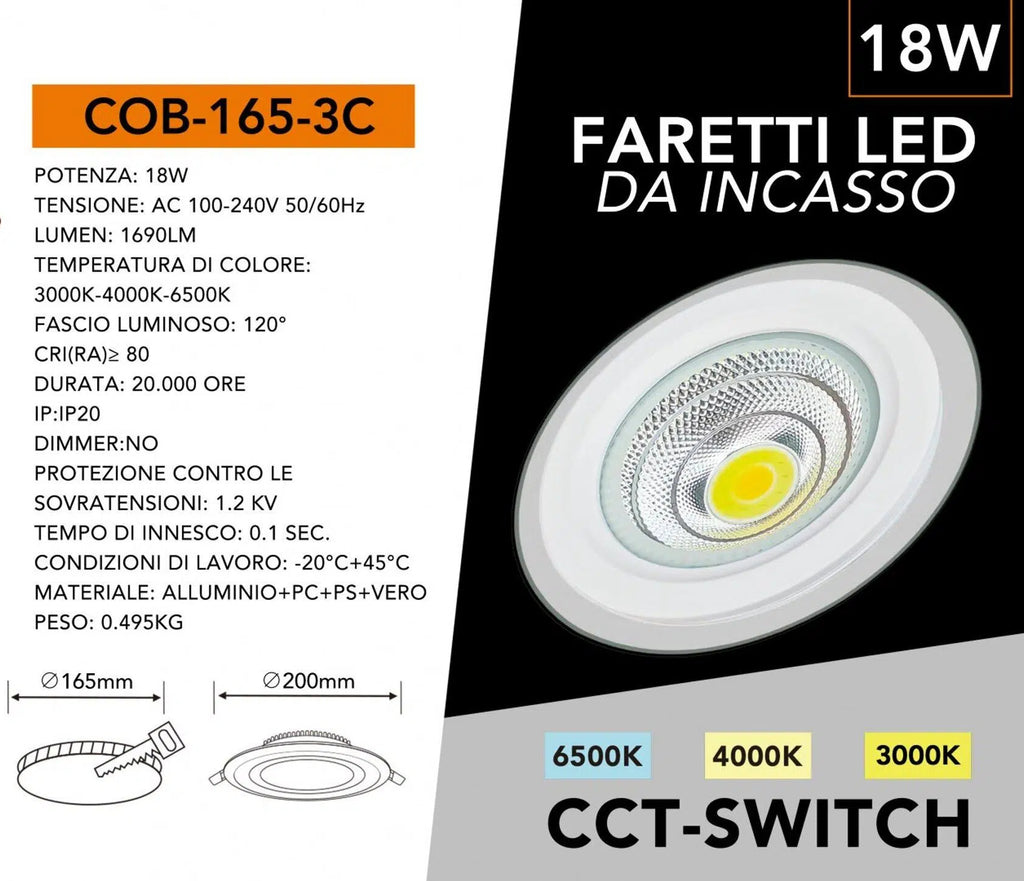 Faretto COB LED da Incasso Rotondo 18W – Colore Bianco, CCT Switch con Selezione Luce 3000K/4000K/6500K