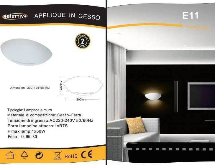 Applique Mezza Luna in Gesso Verniciabile – Doppia Emissione Luminosa 50W con Portalampada R7S