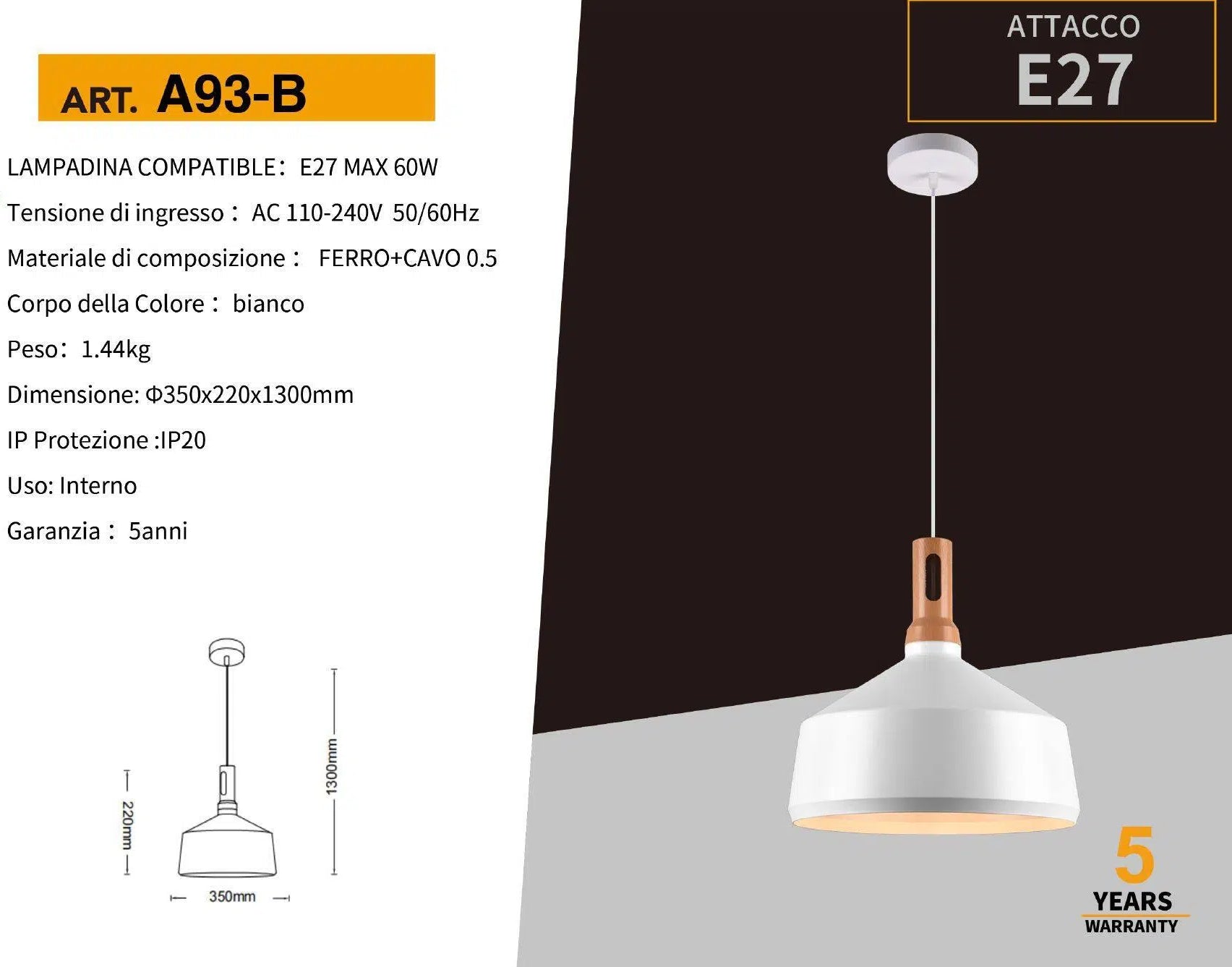 Lampadario in Metallo a Campana Universo A93 – Portalampada per Lampadine E27, Colore Bianco e Nero