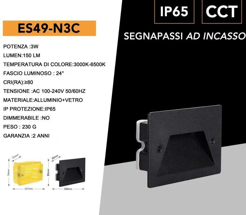 Universo ES49-N3C Punto Luce Segnapasso Rettangolare LED ad Incasso Cambia Colore CCT 3in1 3W 24° da Esterno IP65